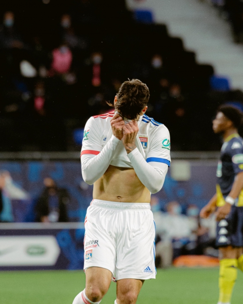  Lucas Paqueta (#12 Lyon) regrets a missed opportunity during the French Cup Quarter final game between 
Lyon and Monaco at Groupama stadium in Lyon, France.